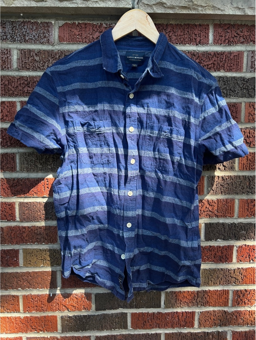 Lucky Brand Blue and Gray Striped Collared Button Down Short Sleeve Shirt